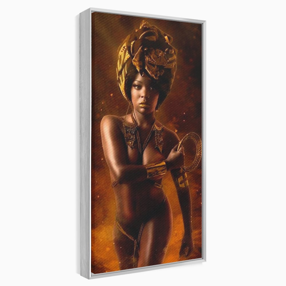 Tablou canvas cu tablou canvas cu femeie si turban, in rama de aluminiu argintiu
